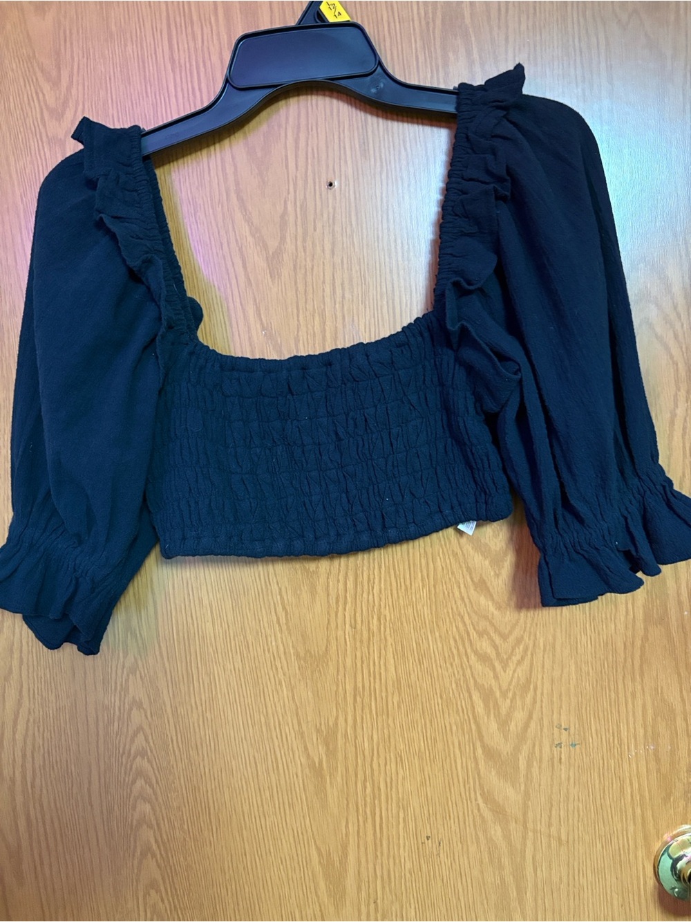 Free People Black Smocked Square-Neck Crop Top with Ruffle Sleeves